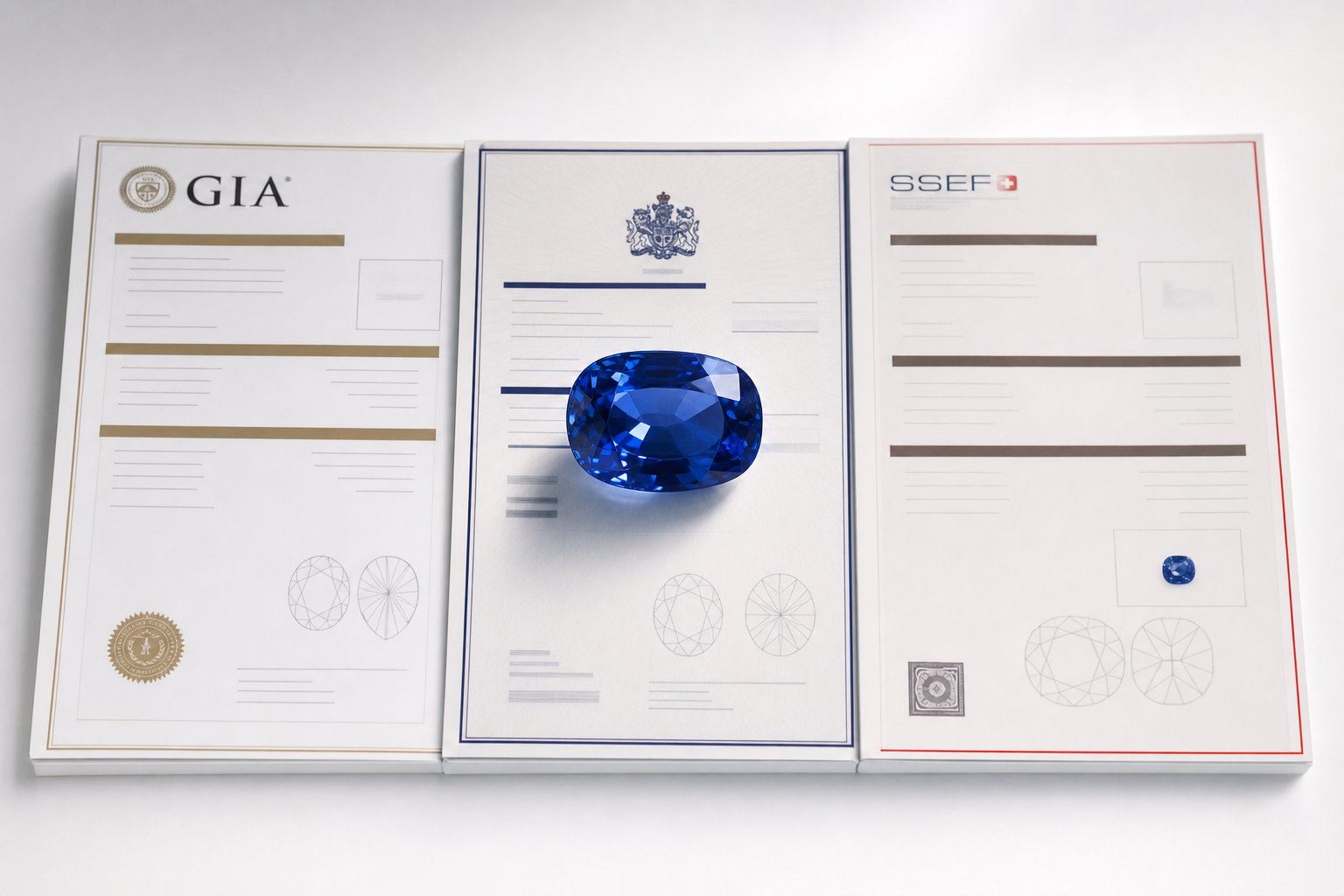 GIA AGL SSEF gemstone lab report comparison