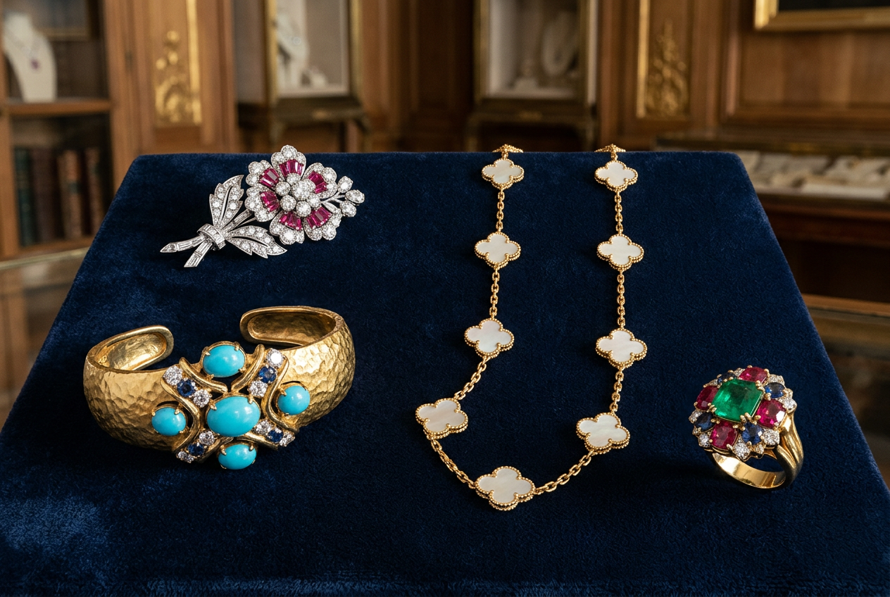Vintage Van Cleef Arpels jewelry across decades 1950s to 1980s